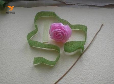 用绿色的皱纹纸将花柄包成绿色，并且用绿色纸张剪成的叶子来装饰就可以啦