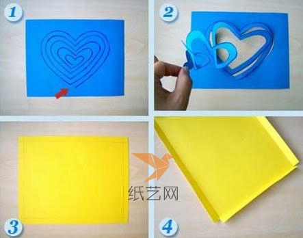 在蓝色的纸张中间画上一圈圈的心，注意是一笔画哟，不是一个套一个的心形，不然就剪断了，然后用剪刀沿着画的线剪下来就成为心形的拉花了，把黄色的纸张按照蓝色纸张的大小把外面折出边来