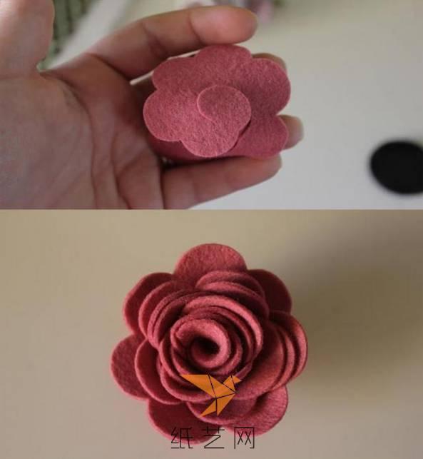 所以我们要用热熔胶把不织布玫瑰花的底部粘好固定