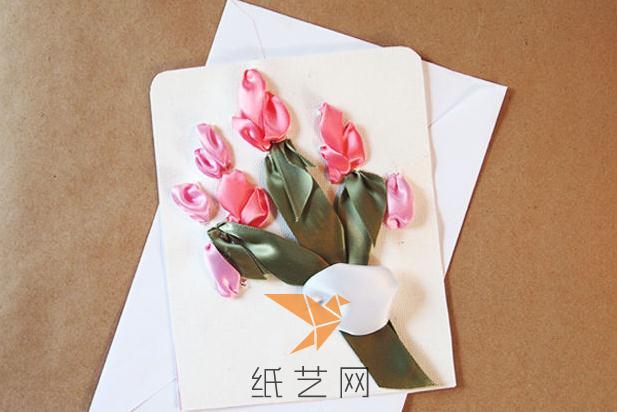 漂亮的丝带绣花朵贺卡制作威廉希尔中国官网
