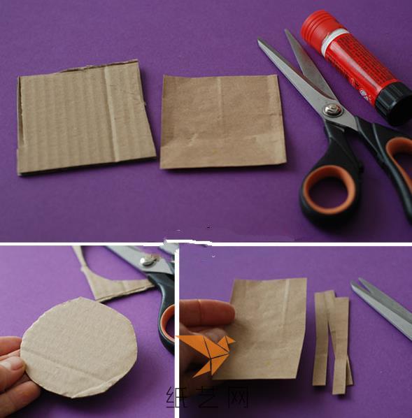 首先我们将纸板剪成笔卫生纸筒截面更大的圆形，然后将另外一块纸板剪成小长条